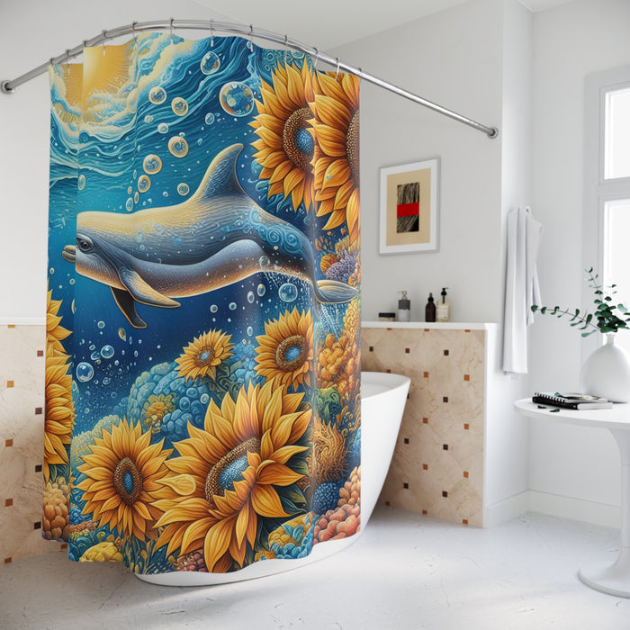 Dolphin Sunflower Shower Curtain | Coastal Ocean Beach Bathroom Decor Floral