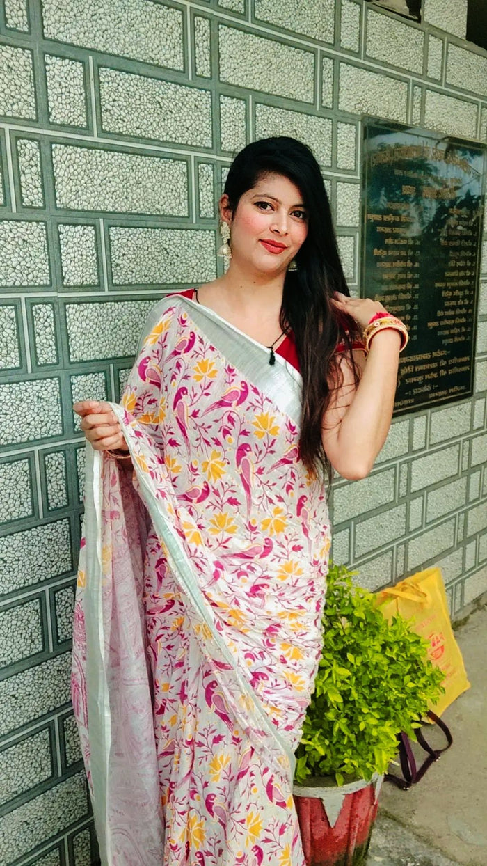 Cotton Linen Saree Off White Color Printed with running blouse-Indiehaat