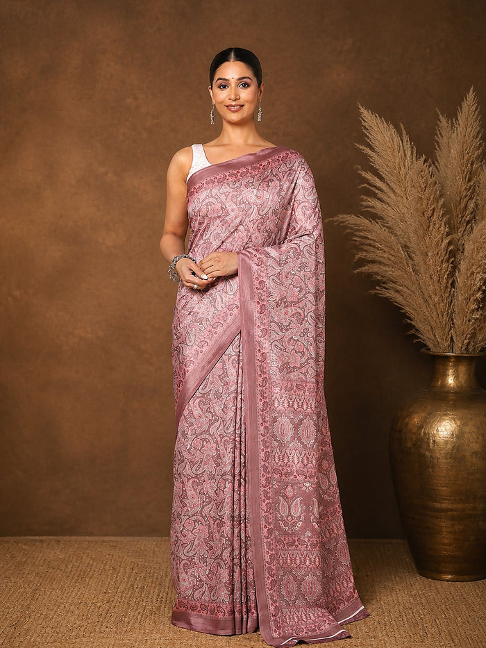 Indiehaat | Kashmiri Silk Printed Saree Dusty Rose & Mute