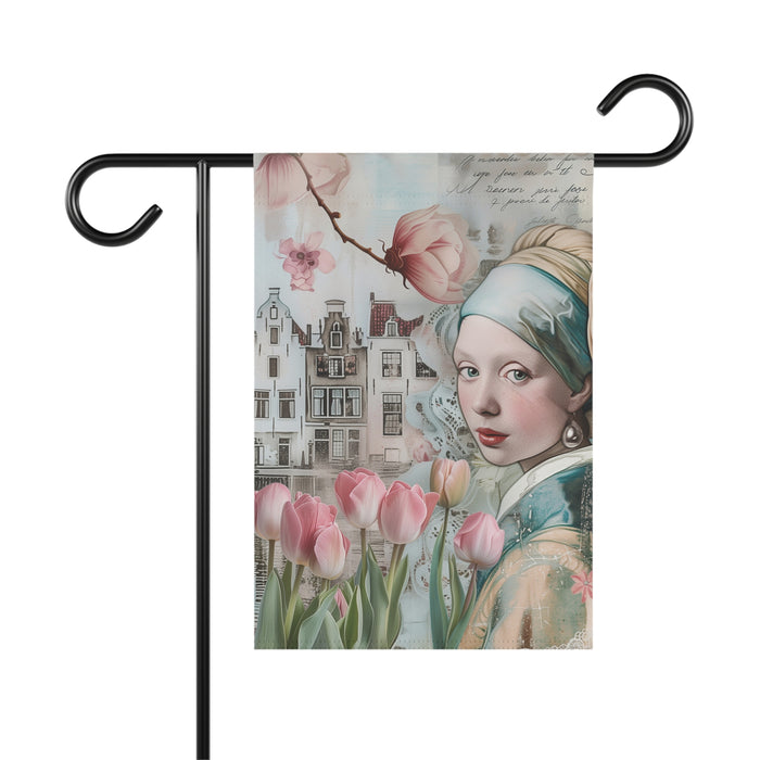 Dutch Tulip Girl Garden Flag & Porch Banner Vintage Floral Art Yard Decor