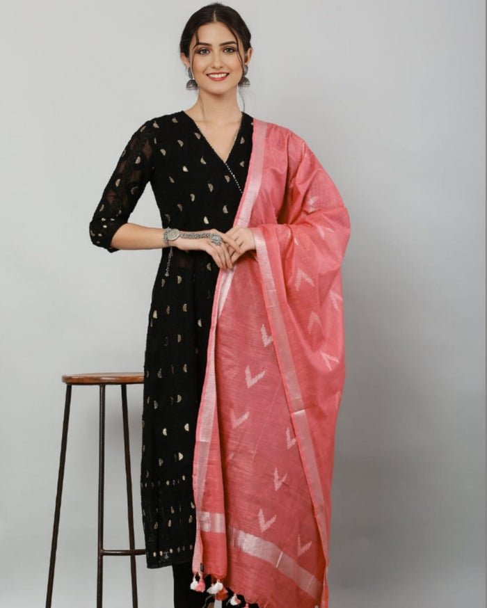 Indiehaat | Pure Cotton Peach Ikkat Dupatta