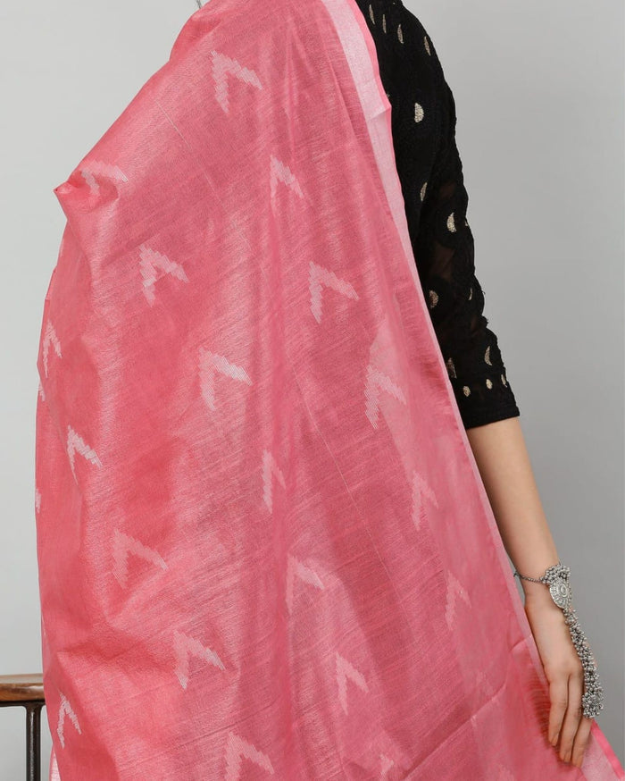 Indiehaat | Pure Cotton Peach Ikkat Dupatta