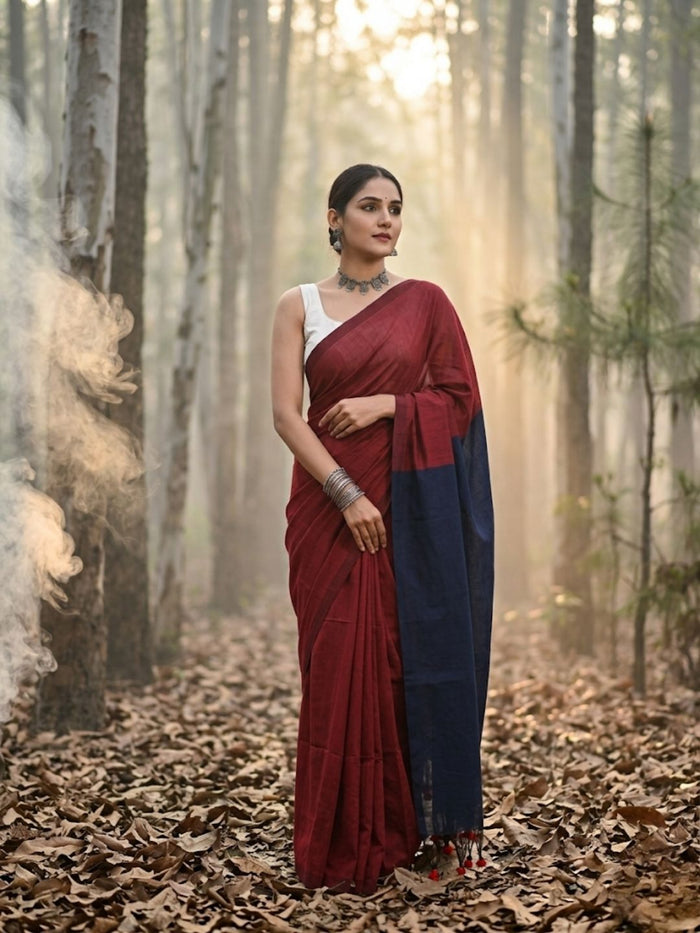 Indiehaat | Hand Dyed Khadi Cotton Saree Red