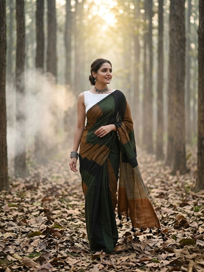 Indiehaat | Hand Dyed Khadi Cotton Saree green