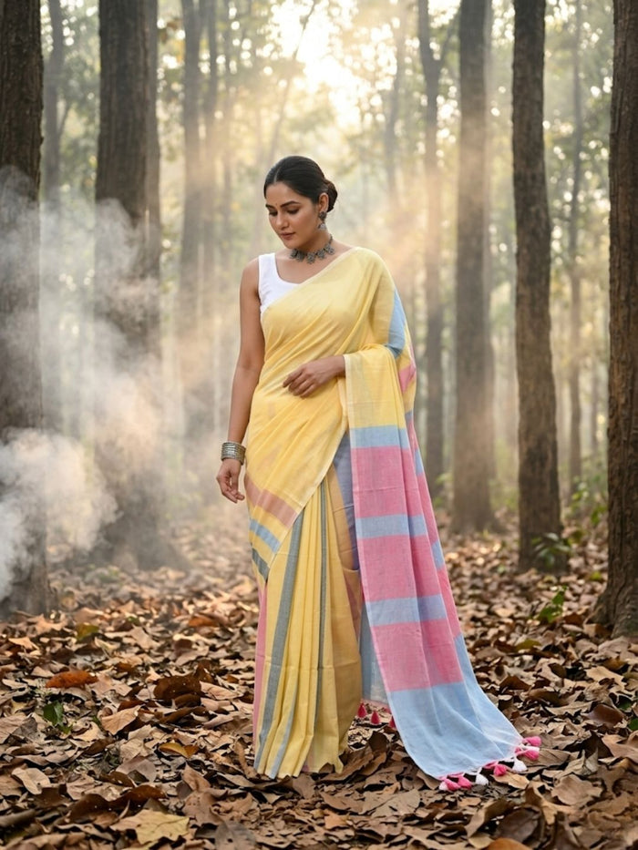 Indiehaat | Hand Dyed Khadi Cotton Saree Yellow