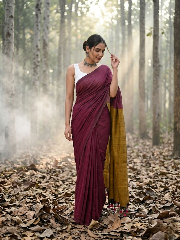 Indiehaat | Hand Dyed Khadi Cotton Saree Red