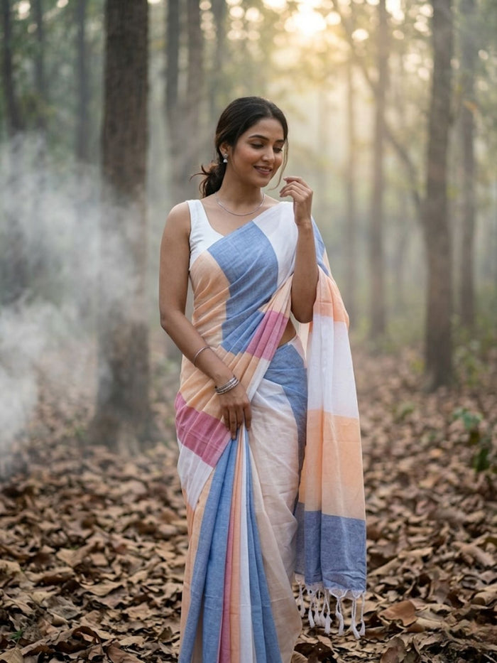 Indiehaat | Hand Dyed Khadi Cotton Saree Multicolor