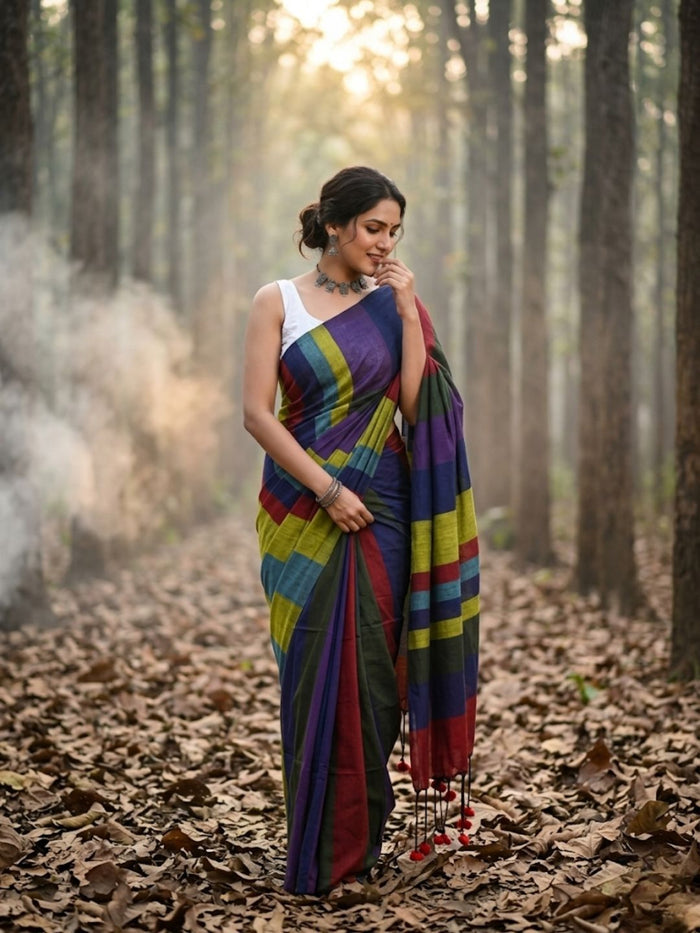 Indiehaat | Hand Dyed Khadi Cotton Saree Multicolor