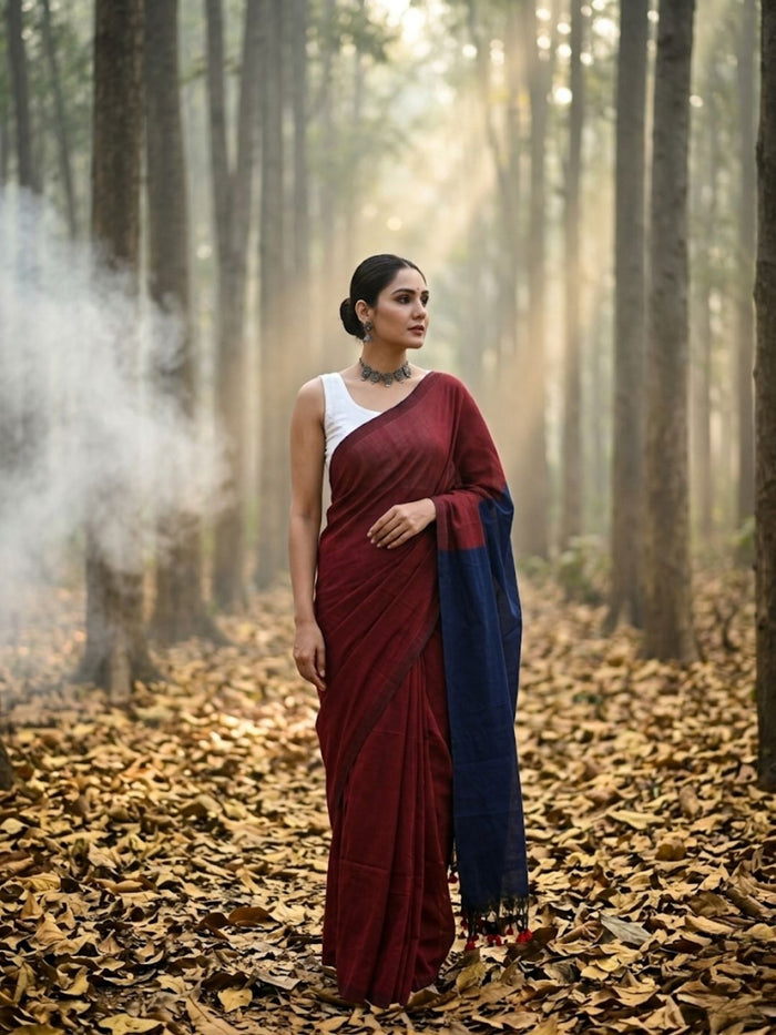 Indiehaat | Hand Dyed Khadi Cotton Saree Red