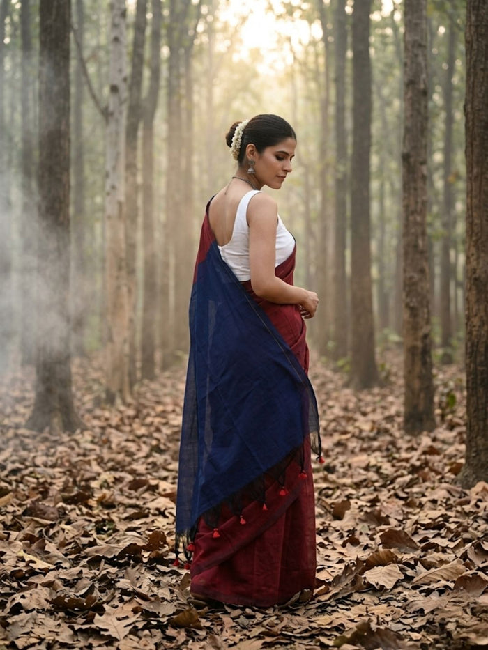 Indiehaat | Hand Dyed Khadi Cotton Saree Red