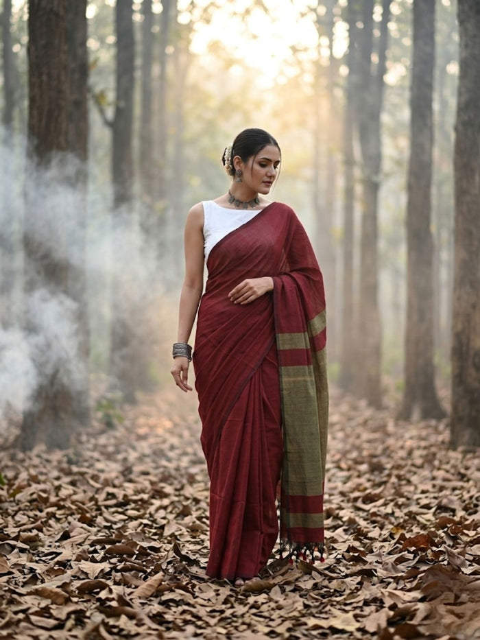 Indiehaat | Hand Dyed Khadi Cotton Saree Maroon