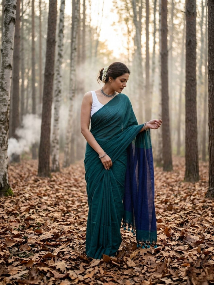 Indiehaat | Hand Dyed Khadi Cotton Saree Green