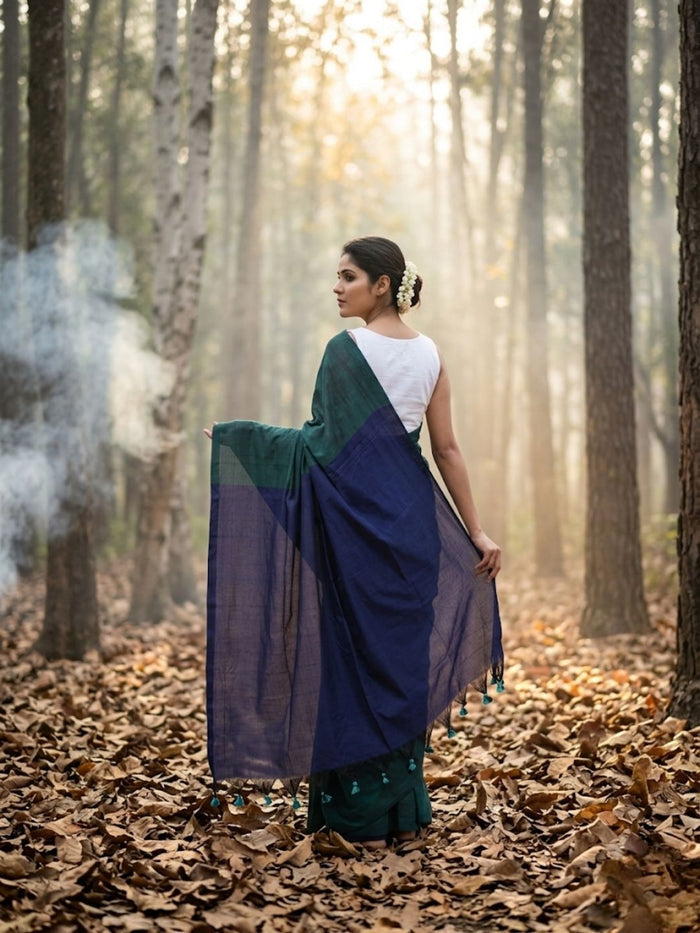 Indiehaat | Hand Dyed Khadi Cotton Saree Green
