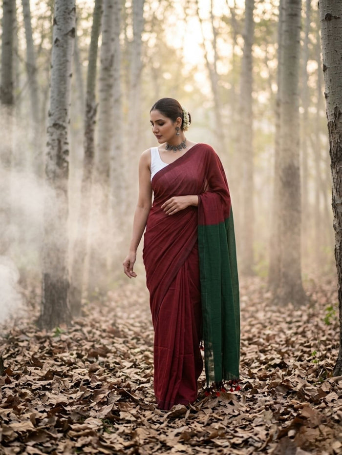 Indiehaat | Hand Dyed Khadi Cotton Saree Red