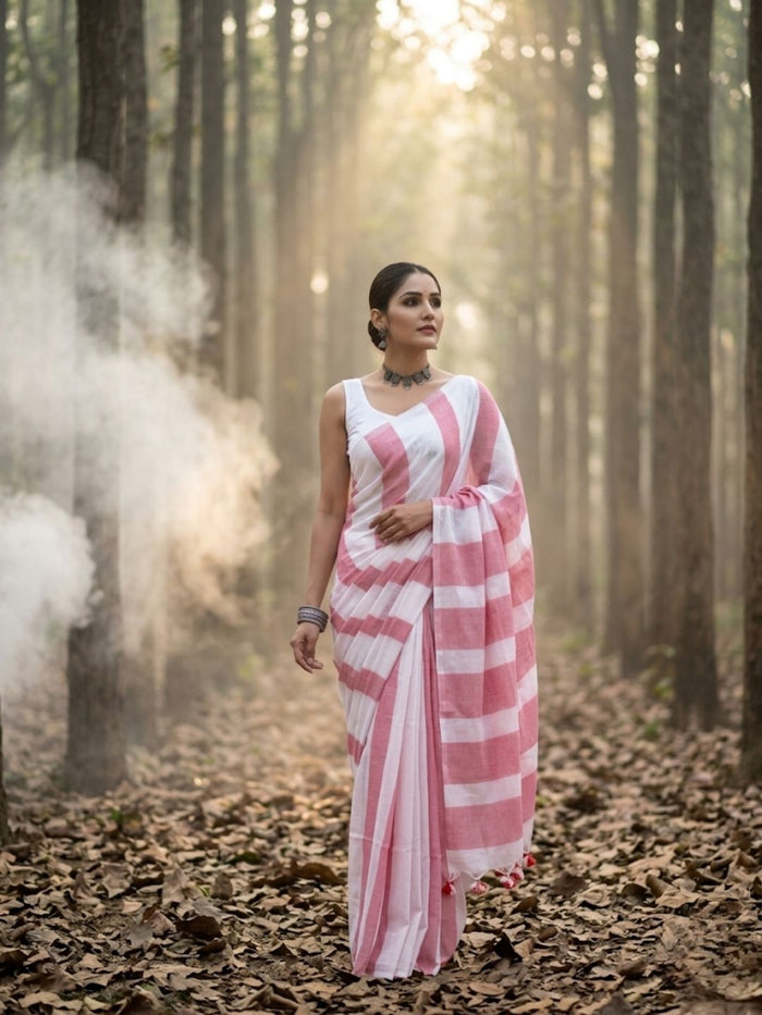 Indiehaat | Hand Dyed Khadi Cotton Saree Pink & White