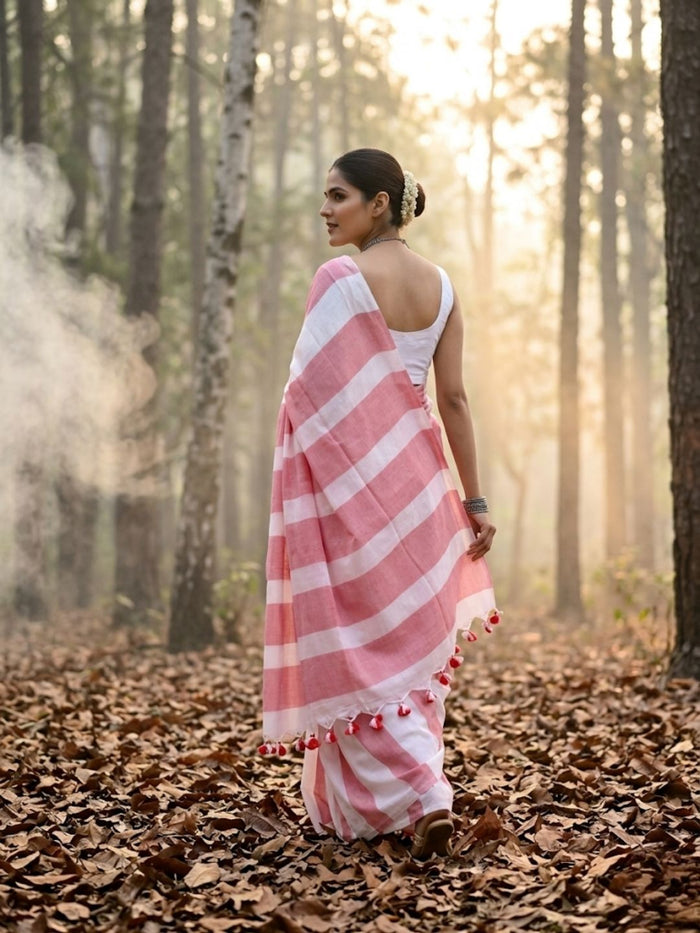 Indiehaat | Hand Dyed Khadi Cotton Saree Pink & White