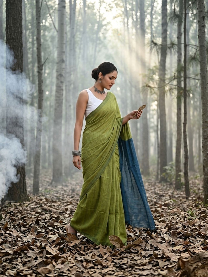 Indiehaat | Hand Dyed Khadi Cotton Saree Green