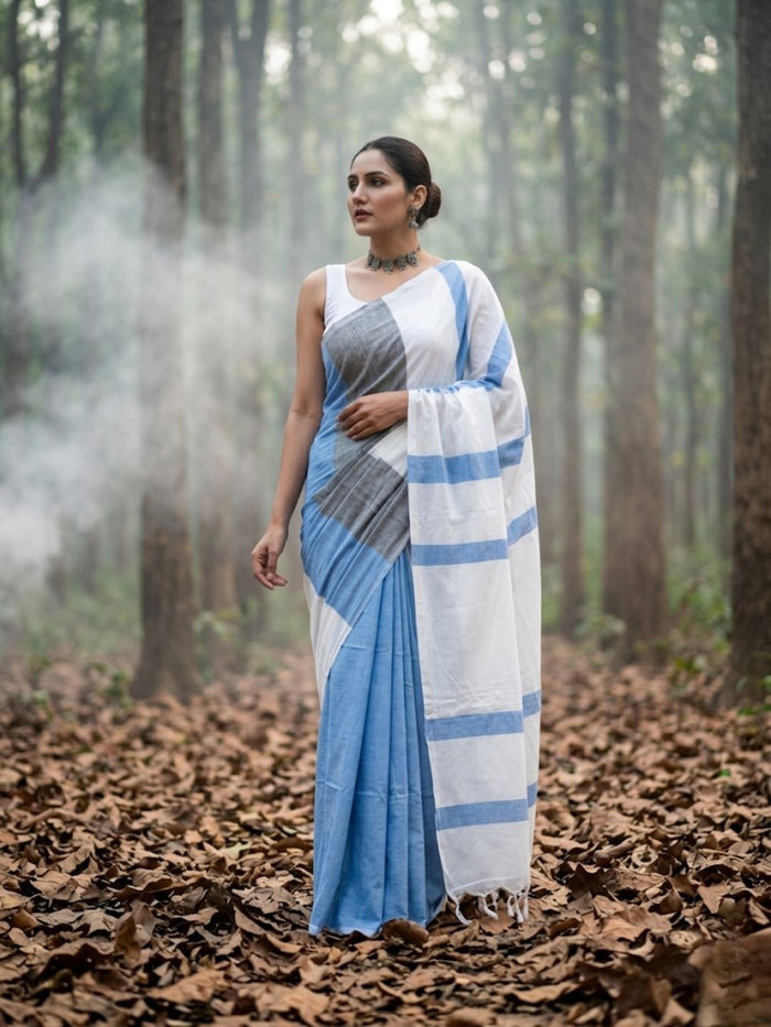 Indiehaat | Hand Dyed Khadi Cotton Saree White & Blue