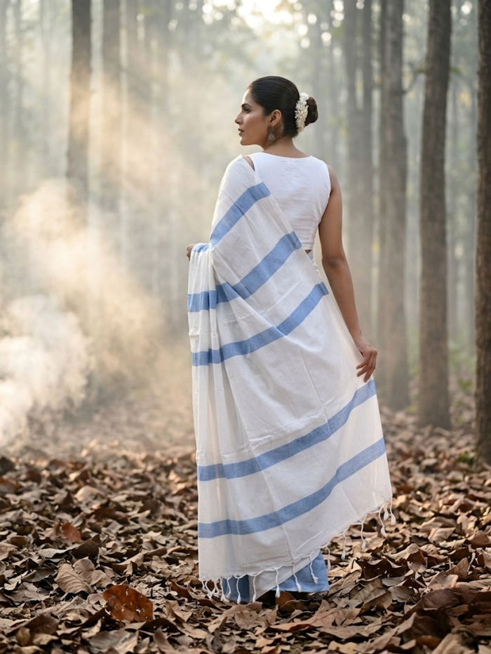 Indiehaat | Hand Dyed Khadi Cotton Saree White & Blue