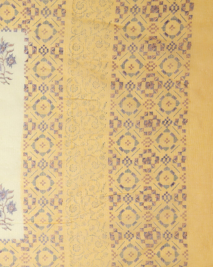 Earthy Kota Doria Blockprinted Yellow Saree