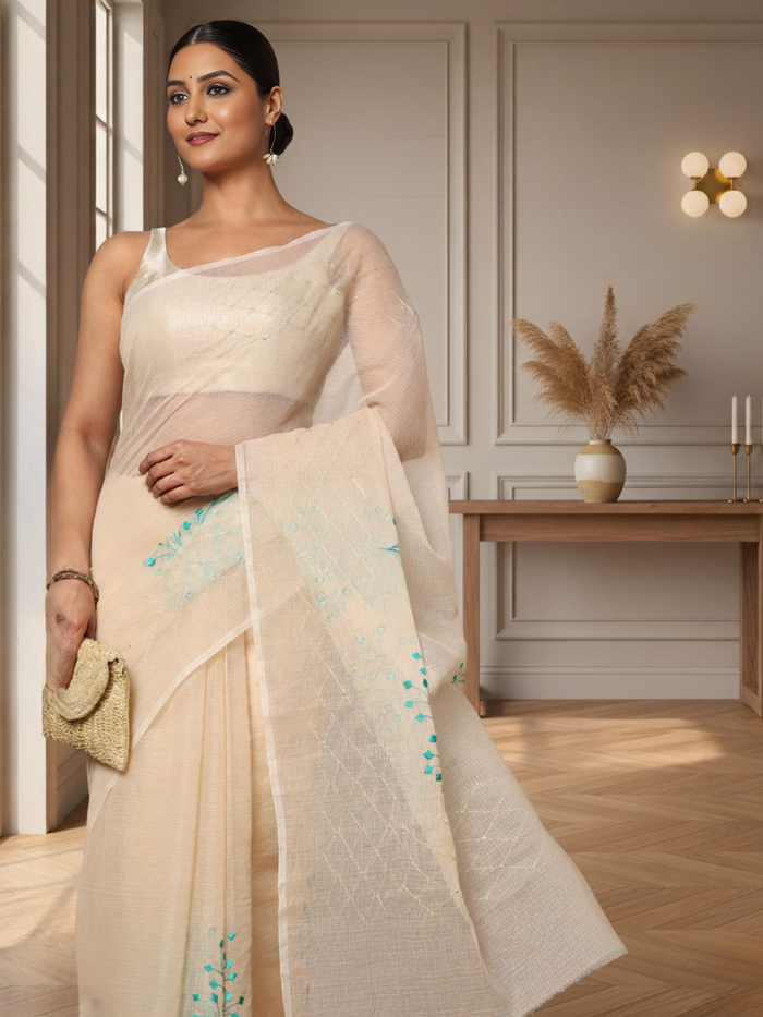 Earthy Kota Doria Cotton Bel Embroidery Off White Saree Handdyed