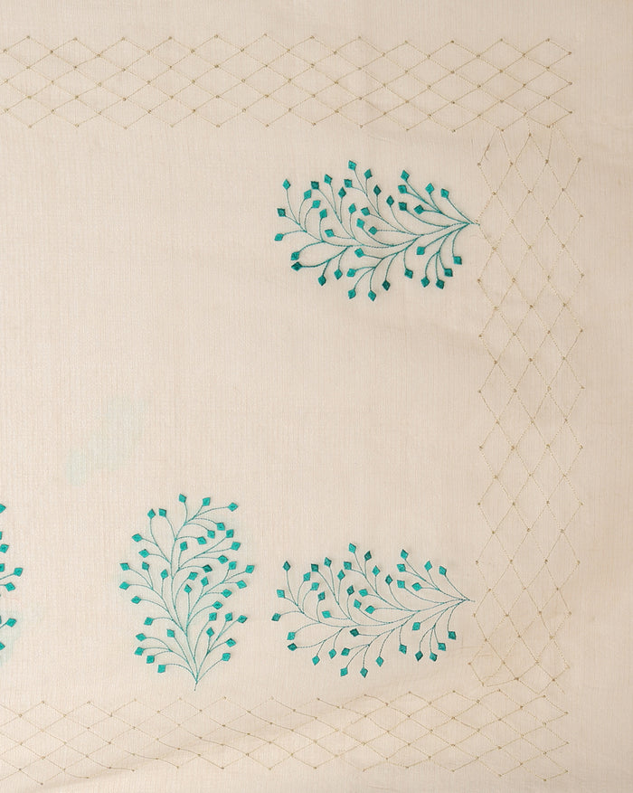 Earthy Kota Doria Cotton Bel Embroidery Off White Saree Handdyed