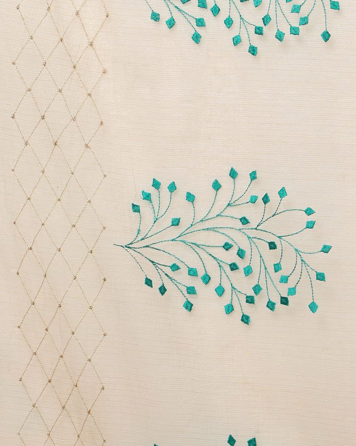 Earthy Kota Doria Cotton Bel Embroidery Off White Saree Handdyed