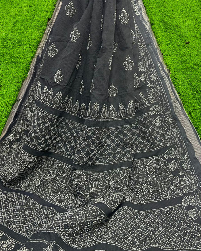 Kota Doria Saree Black Color Chikankari work without blouse - IndieHaat