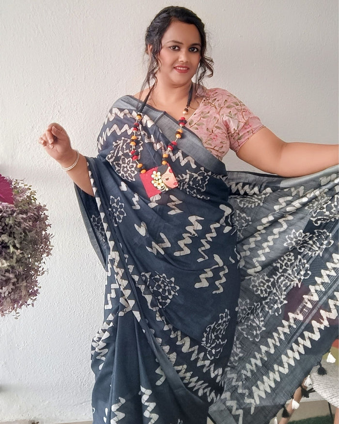 Buy Online Slub Linen Batik Saree Gray