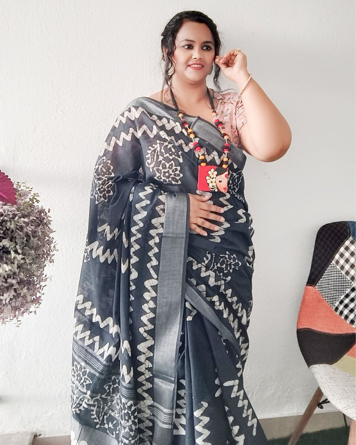 Buy Online Slub Linen Batik Saree Gray