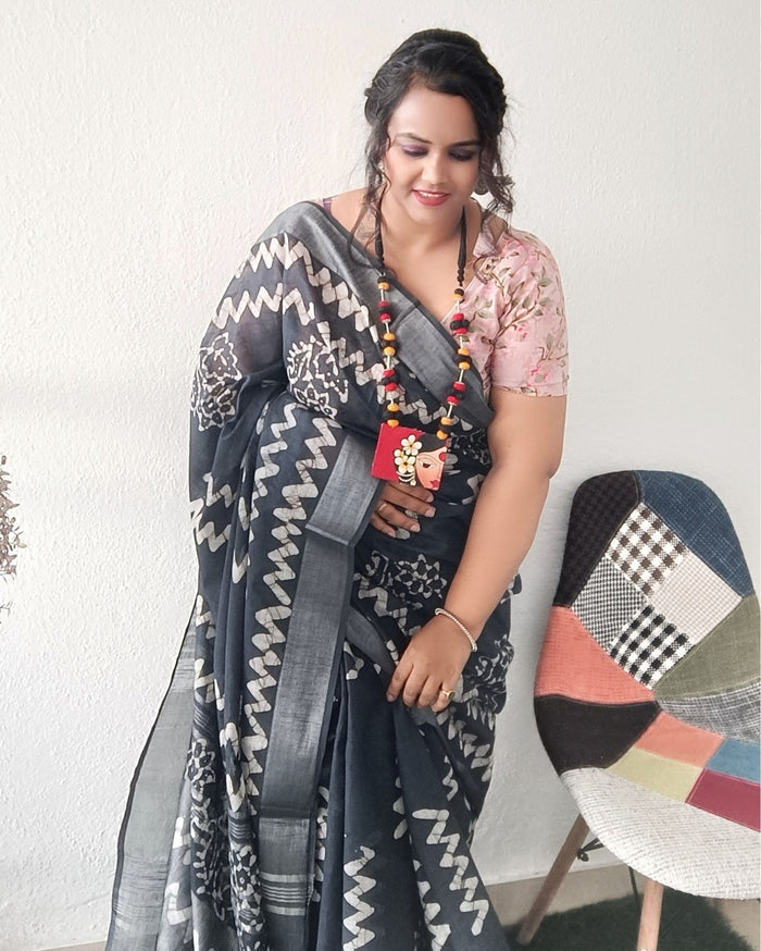 Buy Online Slub Linen Batik Saree Gray