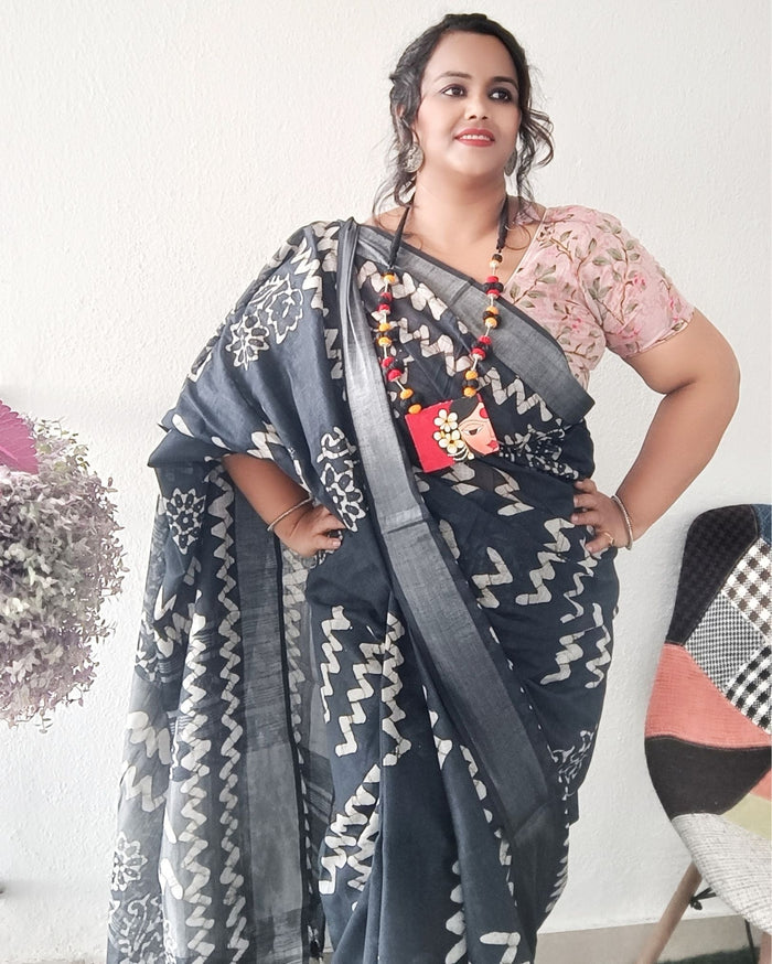 Buy Online Slub Linen Batik Saree Gray