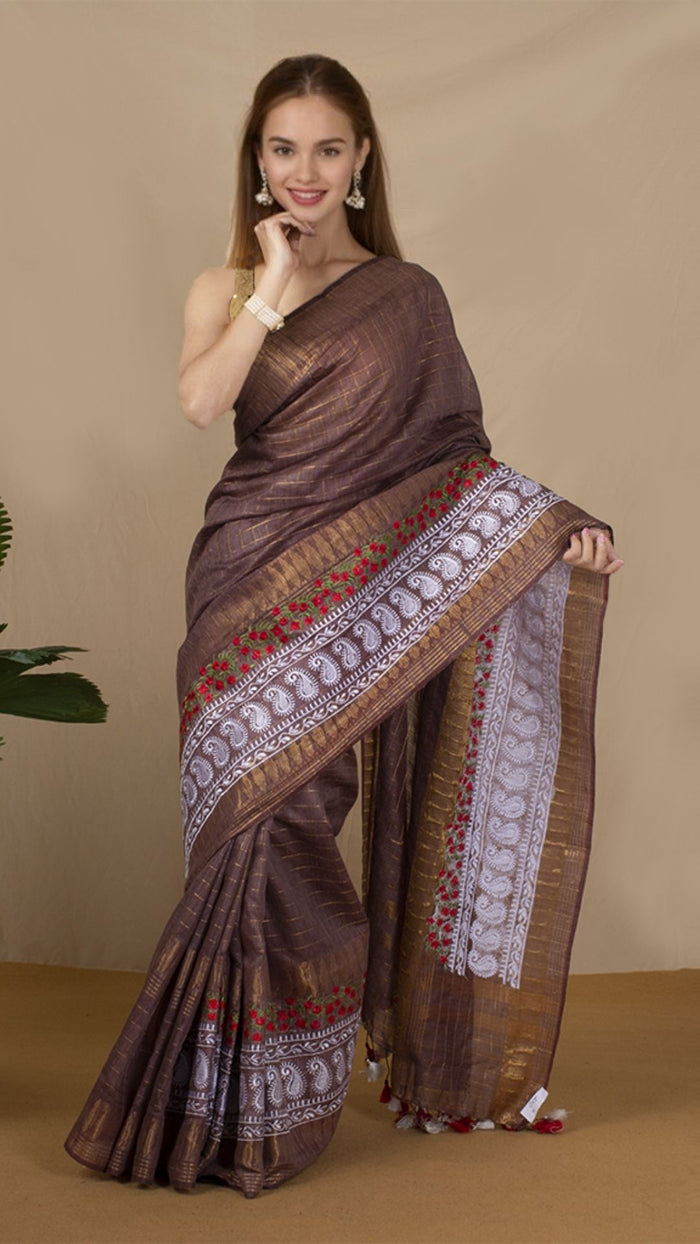 Bansbara Silk Saree Brown with Golden Check & Digital Blouse