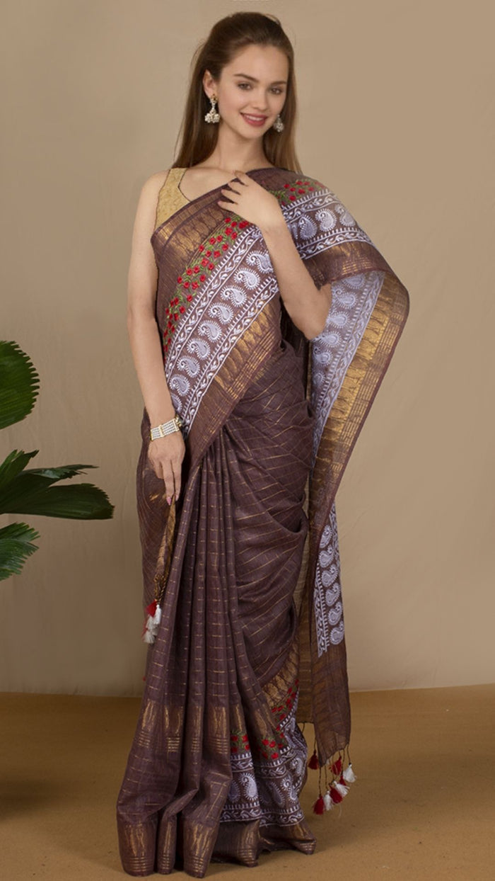 Bansbara Silk Saree Brown with Golden Check & Digital Blouse