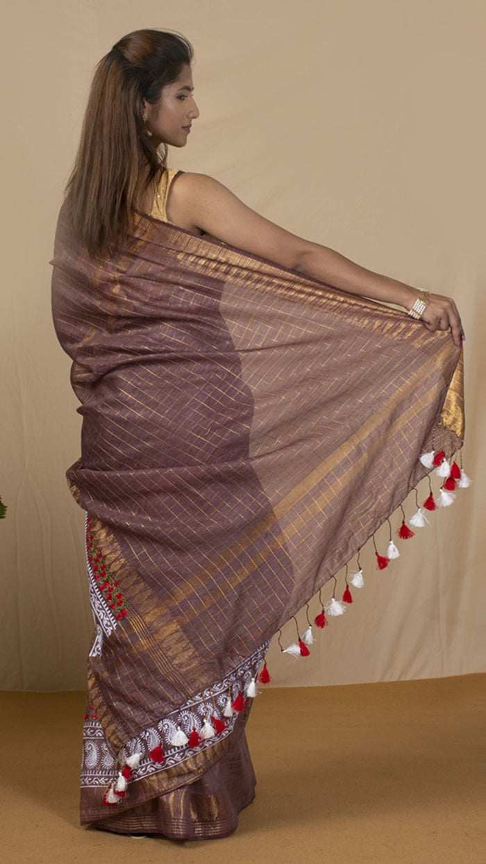 Bansbara Silk Saree Brown with Golden Check & Digital Blouse
