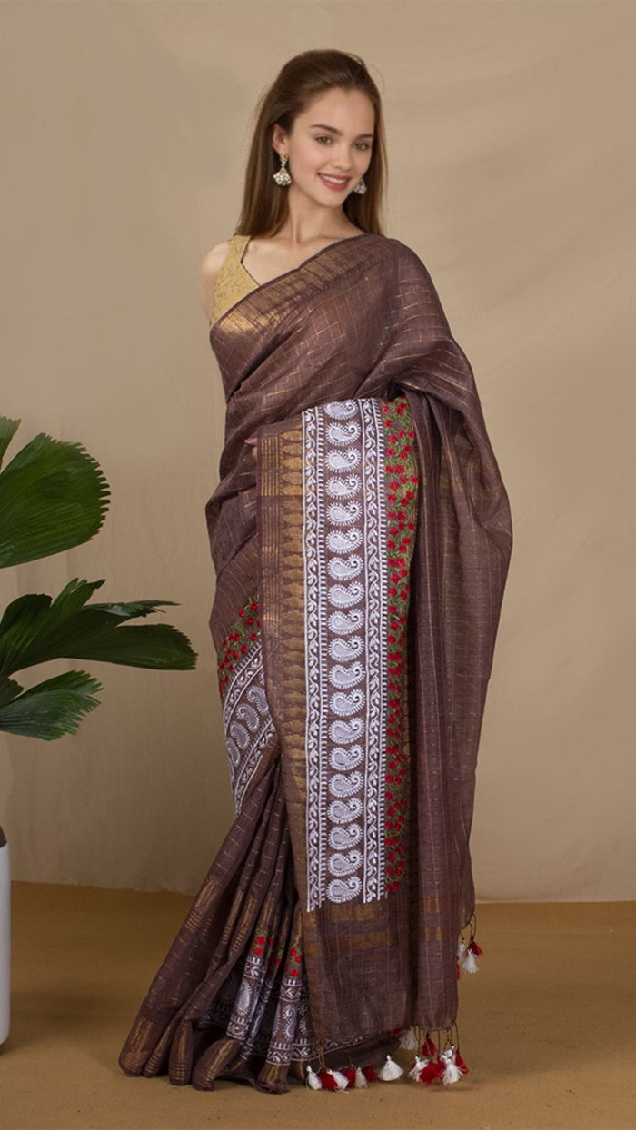 Bansbara Silk Saree Brown with Golden Check & Digital Blouse