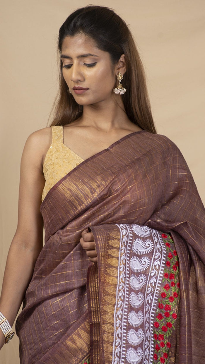 Bansbara Silk Saree Brown with Golden Check & Digital Blouse
