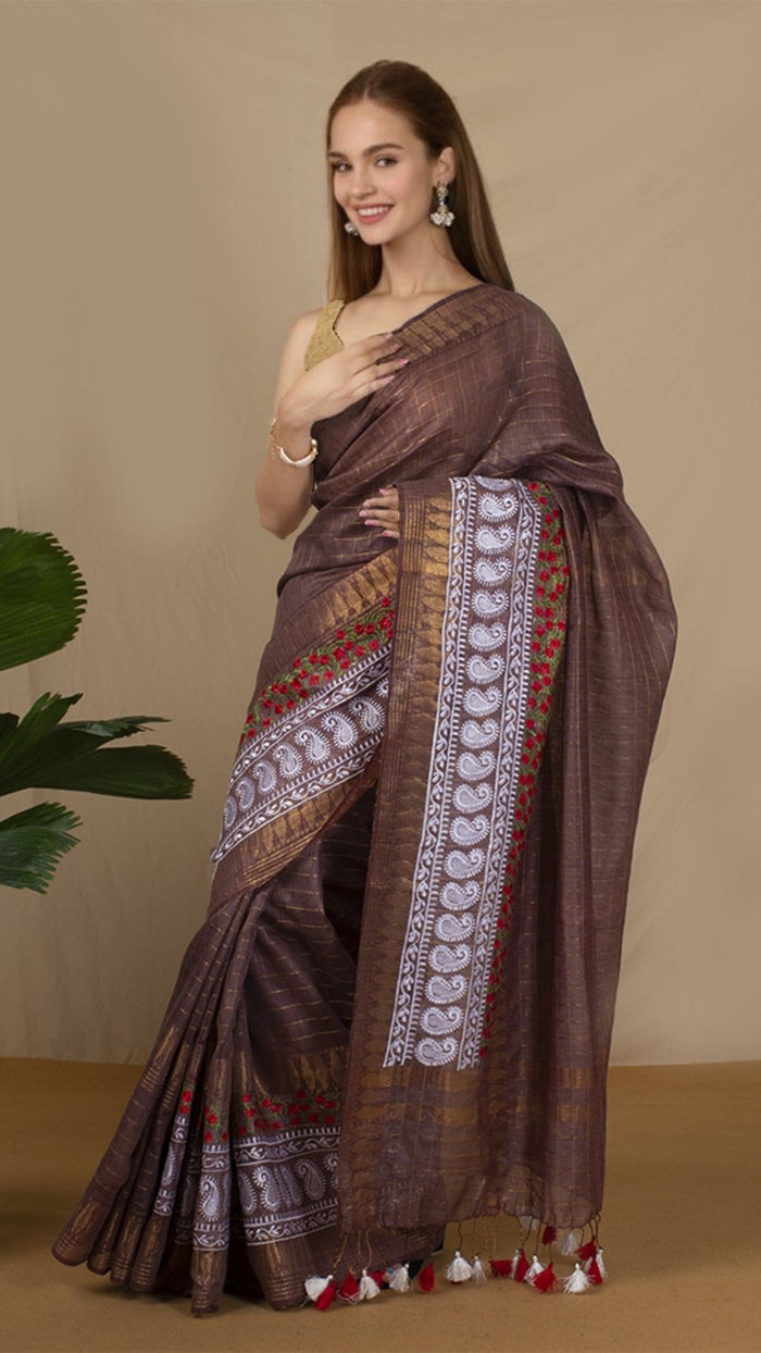 Bansbara Silk Saree Brown with Golden Check & Digital Blouse