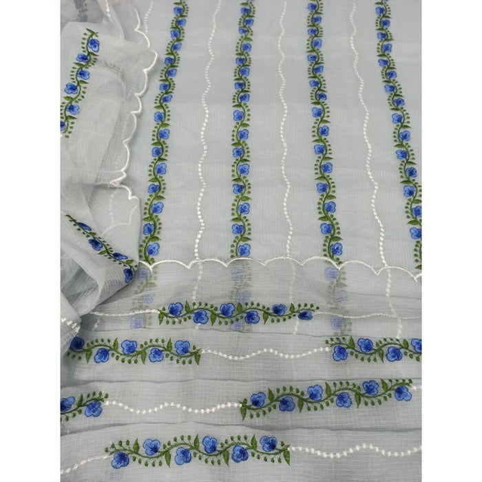 Kota Doria Gray Suit Material Embroidered and Hand Dyed with Dupatta-Indiehaat