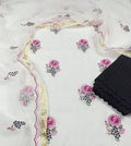 Kota Doria Embroidery White Suit Material with Matching Dupatta and Chikenkari Black Bottom-Indiehaat