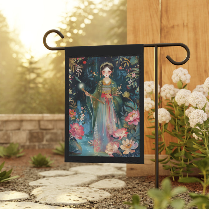 Decorative garden flag with a colorful illustration of a woman in a garden setting, hanging outdoors.