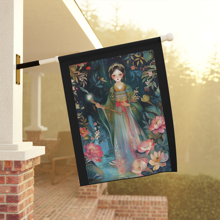 Decorative flag with a colorful illustration of a woman and flowers hanging on a porch.