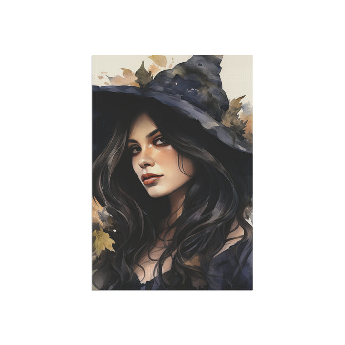 Artistic depiction of a woman wearing a witch hat with autumn leaves on a white background