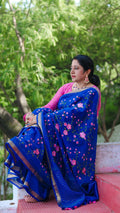 Silk Linen Saree International Klein Blue Color Floral Embroidered with running blouse-Indiehaat