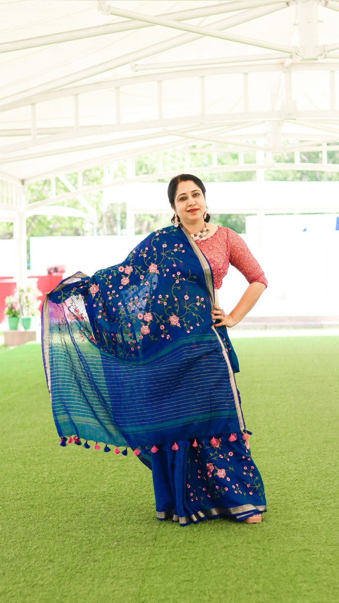 Silk Linen Saree International Klein Blue Color Floral Embroidered with running blouse-Indiehaat