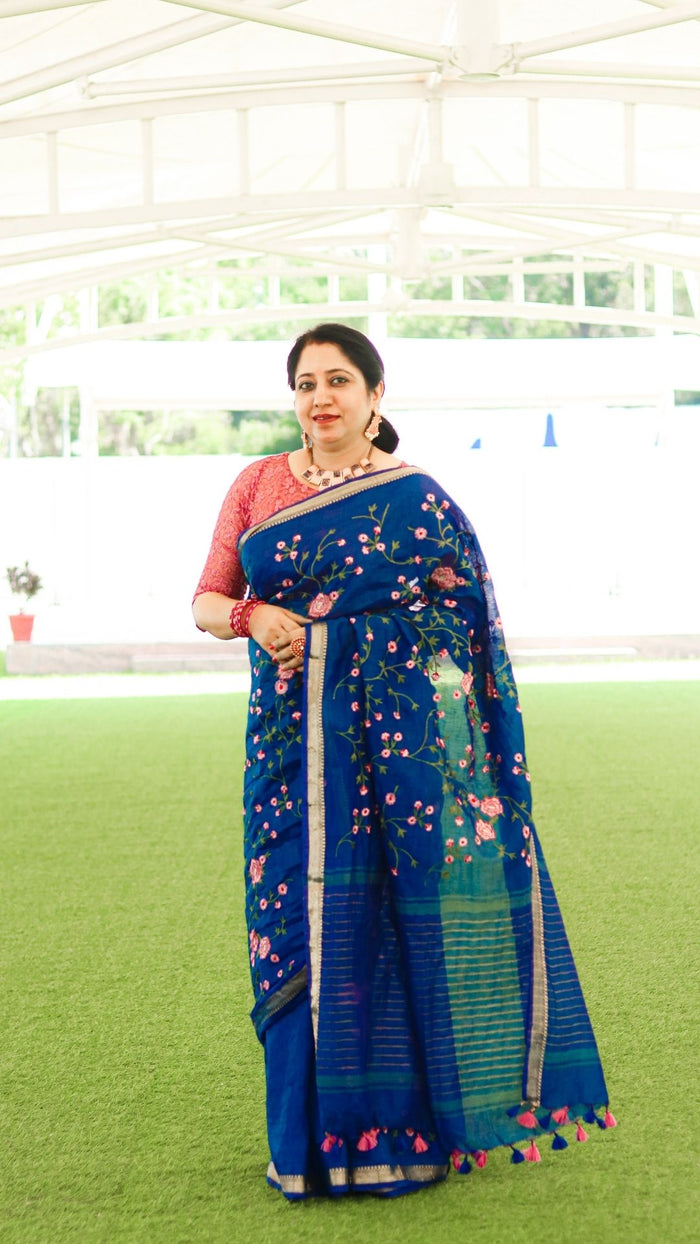 Silk Linen Saree International Klein Blue Color Floral Embroidered with running blouse-Indiehaat