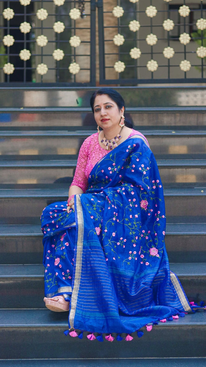Silk Linen Saree International Klein Blue Color Floral Embroidered with running blouse-Indiehaat