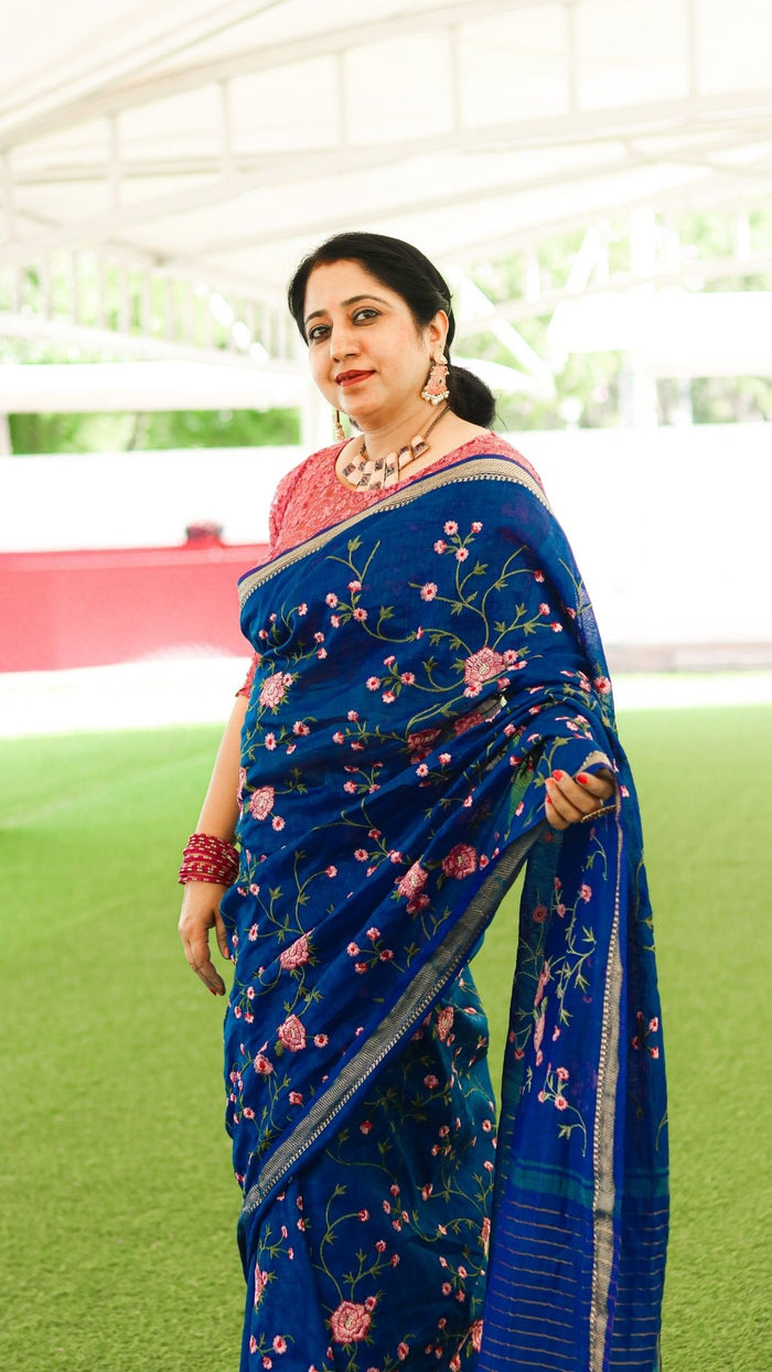Silk Linen Saree International Klein Blue Color Floral Embroidered with running blouse-Indiehaat