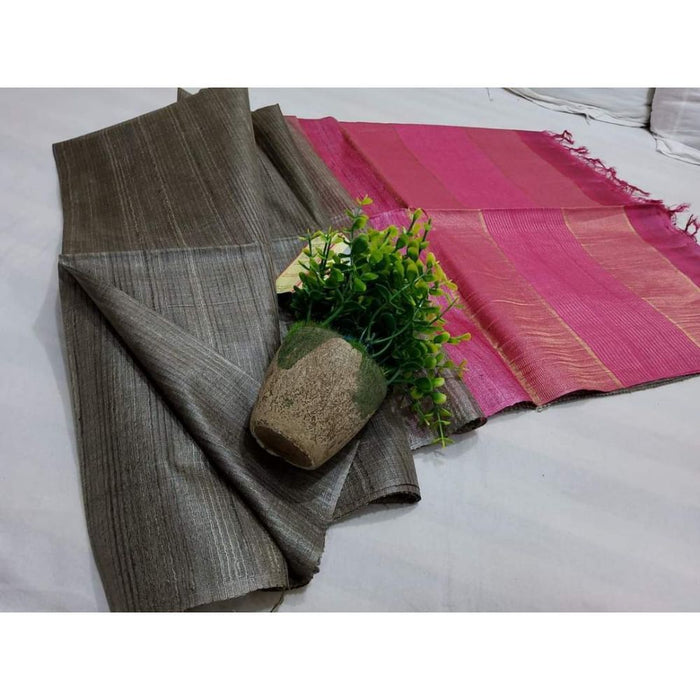 Eri Tussar Striped Black Body Saree with Pink Pallu Blouse-Indiehaat