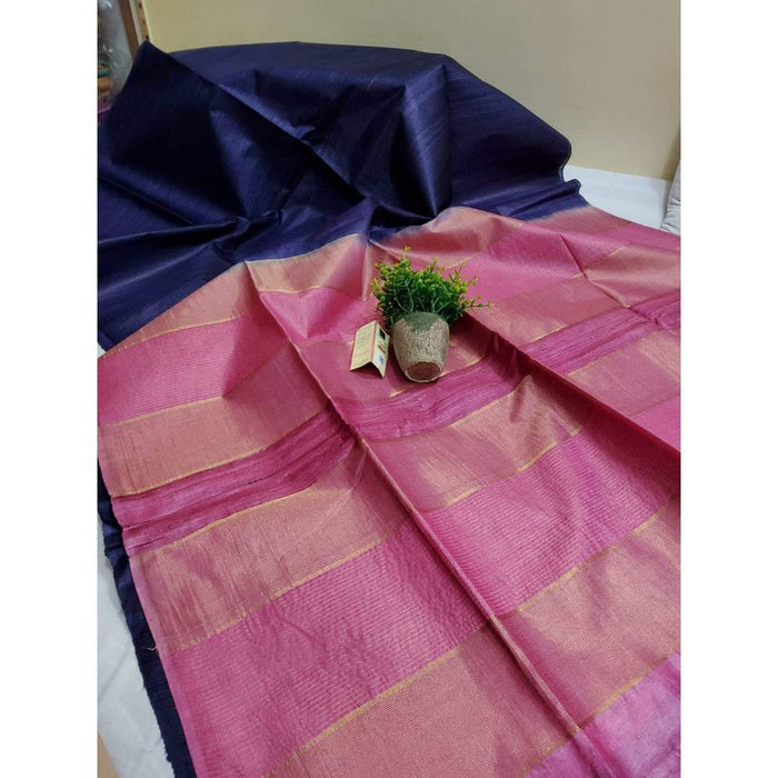 Eri Tussar Striped Blue Body Saree with Pink Pallu Blouse-Indiehaat